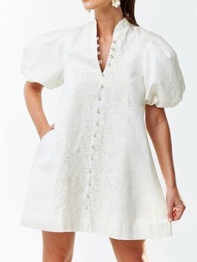 White Embroidered Puff-Sleeve Mini Dress